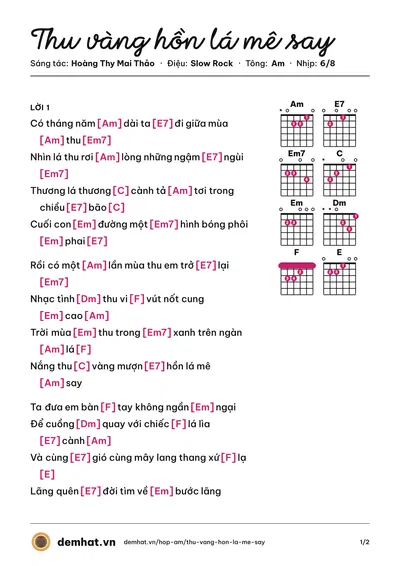 Hợp âm Thu vàng hồn lá mê say (Nhật Huy) – bản nhạc PDF trang 1, tông Am