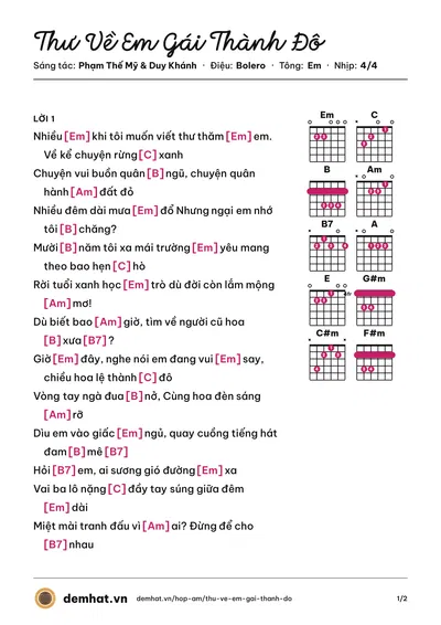 Hợp âm Thư Về Em Gái Thành Đô (Duy Khánh) – bản nhạc PDF trang 1, tông Em