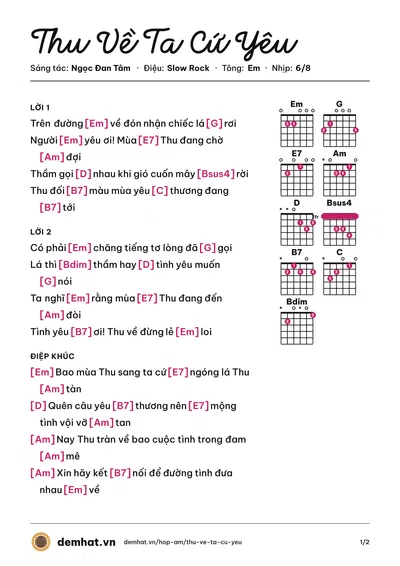 Hợp âm Thu Về Ta Cứ Yêu (Thúy Hương) – bản nhạc PDF trang 1, tông Em