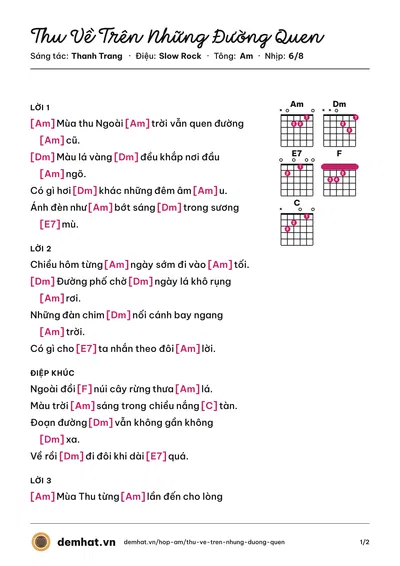 Hợp âm Thu Về Trên Những Đường Quen (Hồng Tước) – bản nhạc PDF trang 1, tông Am