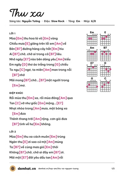 Hợp âm Thu xa (Nhật Thanh) – bản nhạc PDF trang 1, tông Em