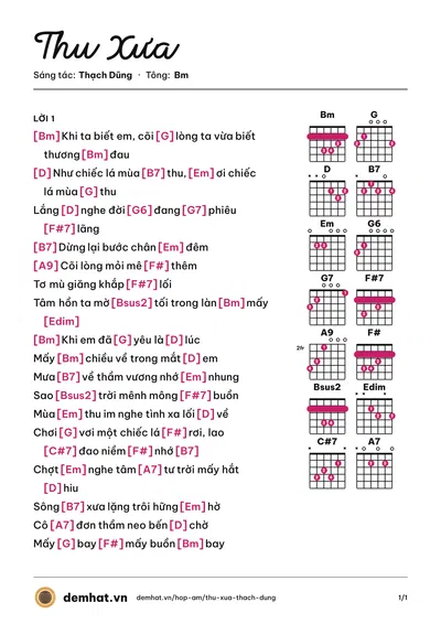 Hợp âm Thu Xưa (Thái Hòa) – bản nhạc PDF trang 1, tông Bm