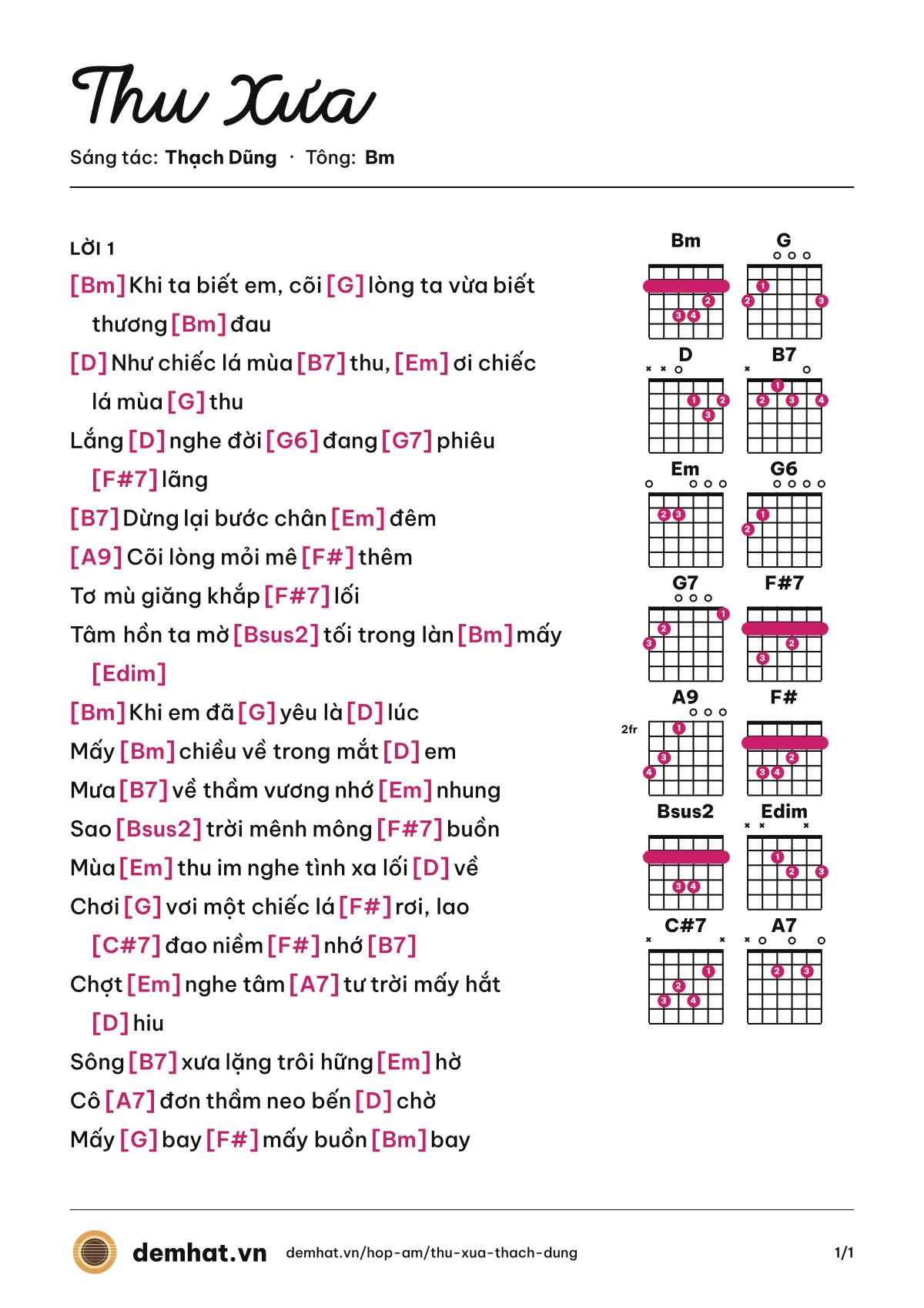 Hợp âm Thu Xưa (Thái Hòa) – bản nhạc PDF trang 1, tông Bm