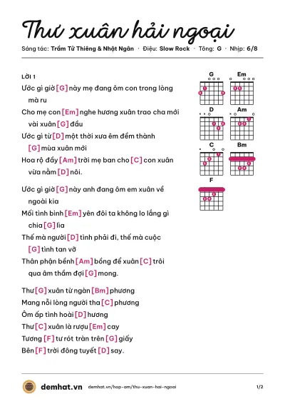 Hợp âm Thư xuân hải ngoại (Ngọc Hạ) – bản nhạc PDF trang 1, tông G