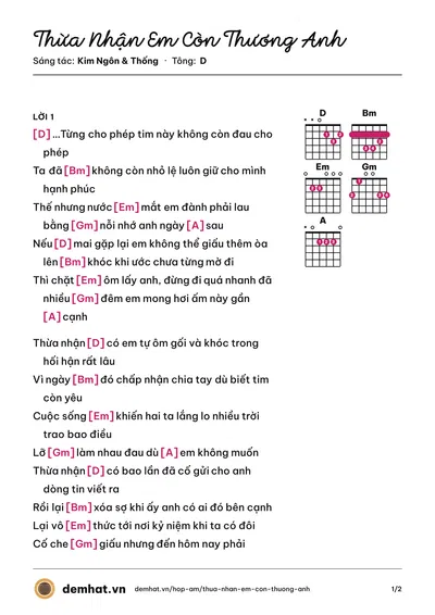 Hợp âm Thừa Nhận Em Còn Thương Anh (Hannie) – bản nhạc PDF trang 1, tông D