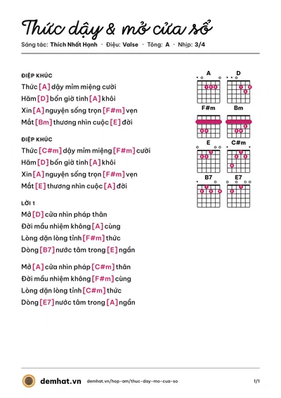 Hợp âm Thức dậy & mở cửa sổ (Trung Hậu) – bản nhạc PDF trang 1, tông A