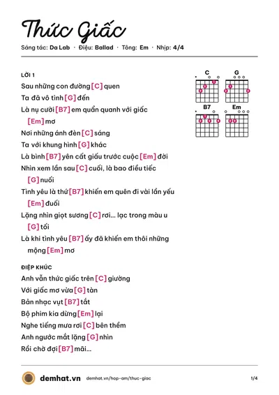 Hợp âm Thức Giấc (Da Lab) – bản nhạc PDF trang 1, tông Em