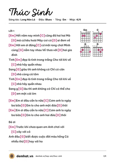 Hợp âm Thúc Sinh (Long Nón Lá) – bản nhạc PDF trang 1, tông Em