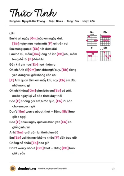 Hợp âm Thức Tỉnh (Hồ Ngọc Hà) – bản nhạc PDF trang 1, tông Gm