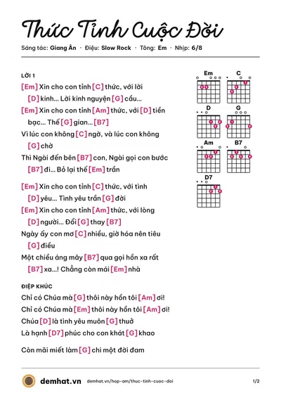 Hợp âm Thức Tỉnh Cuộc Đời (Henry) – bản nhạc PDF trang 1, tông Em