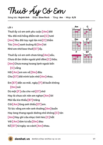 Hợp âm Thuở Ấy Có Em (Đan Nguyên) – bản nhạc PDF trang 1, tông Am