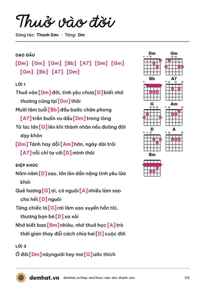 Hợp âm Thuở vào đời (Yêu Nhạc Vàng) – bản nhạc PDF trang 1, tông Dm