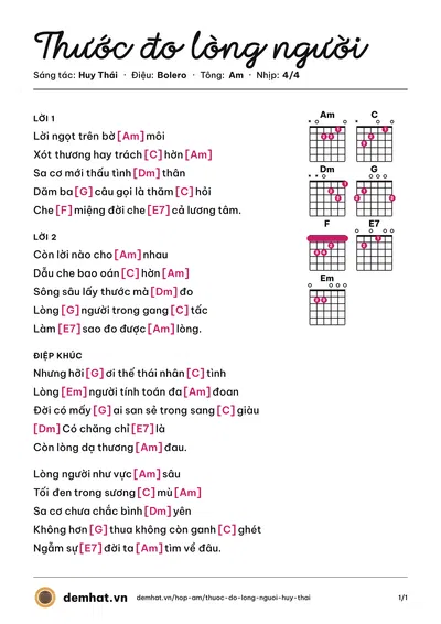 Hợp âm Thước đo lòng người (Huy Thái) – bản nhạc PDF trang 1, tông Am