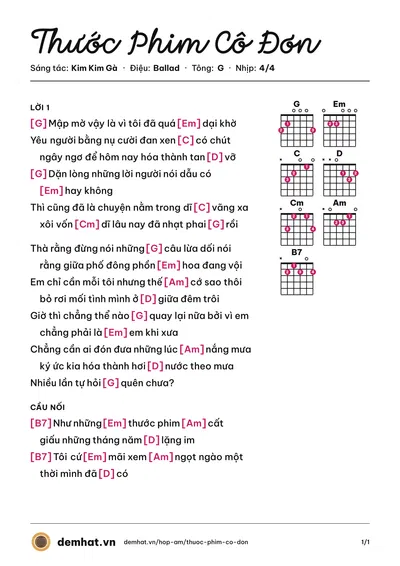Hợp âm Thước Phim Cô Đơn (Tuấn Hii) – bản nhạc PDF trang 1, tông G