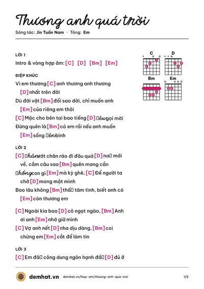 Hợp âm Thương anh quá trời (Jin Tuấn Nam) – bản nhạc PDF trang 1, tông Em
