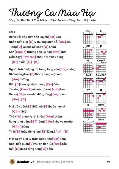 Hợp âm Thương Ca Mùa Hạ (Mạnh Quỳnh) – bản nhạc PDF trang 1, tông Em