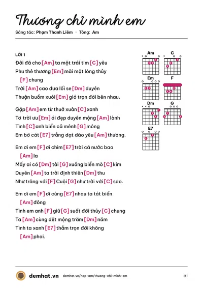 Hợp âm Thương chỉ mình em (Kim Hiền) – bản nhạc PDF trang 1, tông Am