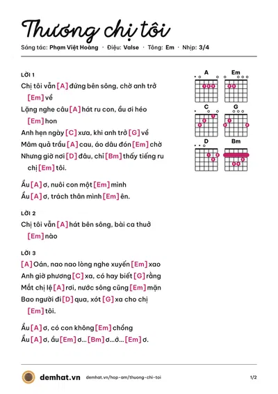 Hợp âm Thương chị tôi (Nhật Kim Anh) – bản nhạc PDF trang 1, tông Em