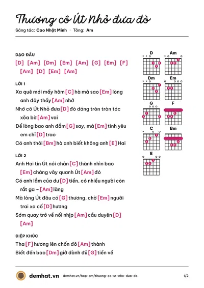 Hợp âm Thương cô Út Nhỏ đưa đò (Quỳnh Trang) – bản nhạc PDF trang 1, tông Am