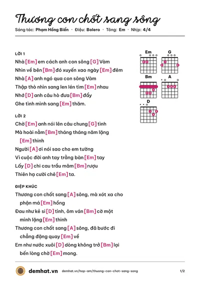 Hợp âm Thương con chốt sang sông (Tố My) – bản nhạc PDF trang 1, tông Em