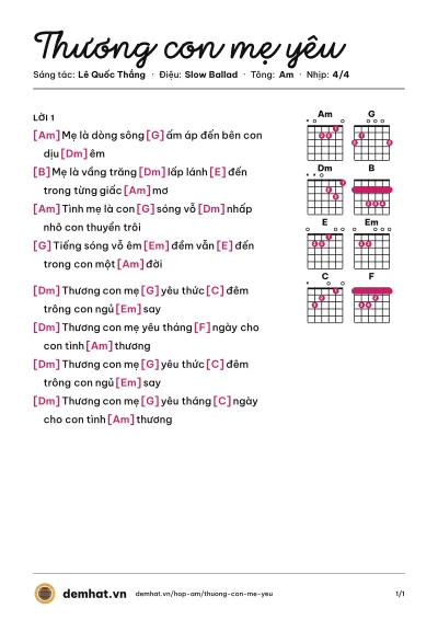Hợp âm Thương con mẹ yêu (TyMyTy) – bản nhạc PDF trang 1, tông Am