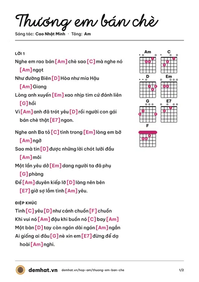 Hợp âm Thương em bán chè (Quỳnh Trang) – bản nhạc PDF trang 1, tông Am