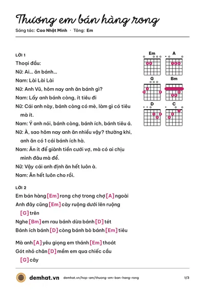 Hợp âm Thương em bán hàng rong (Dương Nghi Đình) – bản nhạc PDF trang 1, tông Em