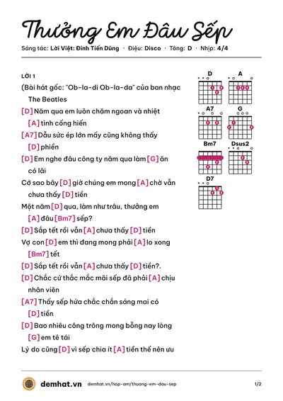 Hợp âm Thưởng Em Đâu Sếp (Đinh Tiến Dũng) – bản nhạc PDF trang 1, tông D