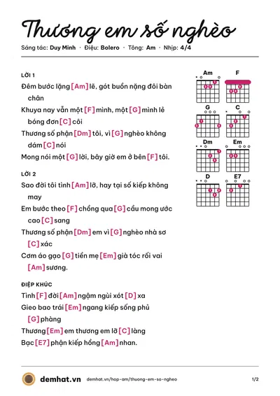 Hợp âm Thương em số nghèo (Việt Nhân) – bản nhạc PDF trang 1, tông Am