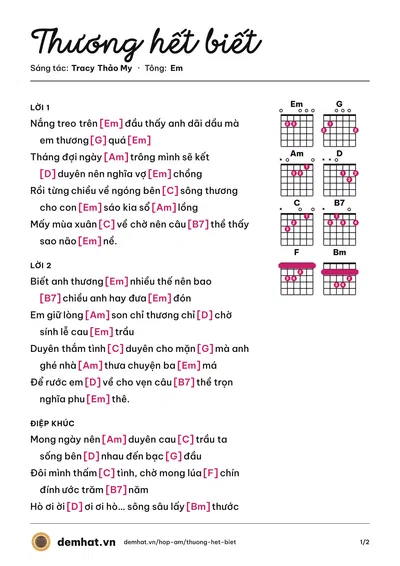 Hợp âm Thương hết biết (Tracy Thảo My) – bản nhạc PDF trang 1, tông Em