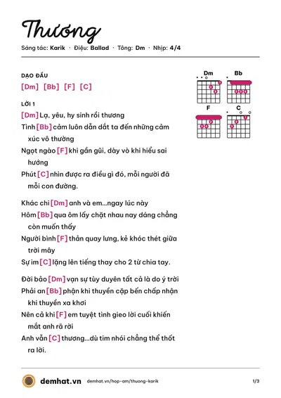 Hợp âm Thương (Karik) – bản nhạc PDF trang 1, tông Dm