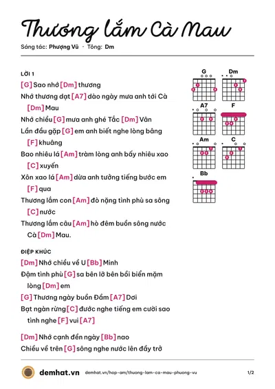 Hợp âm Thương lắm Cà Mau (Phượng Vũ) – bản nhạc PDF trang 1, tông Dm
