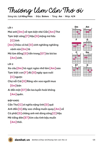 Hợp âm Thương lắm Cần Thơ ơi (Hoàng Ngọc Sơn) – bản nhạc PDF trang 1, tông Am