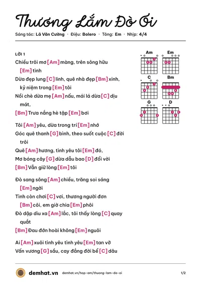 Hợp âm Thương Lắm Đò Ơi (Tô Thanh Phương) – bản nhạc PDF trang 1, tông Em