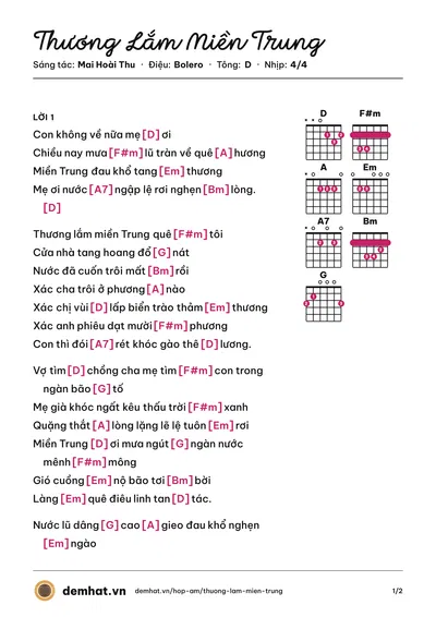 Hợp âm Thương Lắm Miền Trung (Đông Nguyễn) – bản nhạc PDF trang 1, tông D