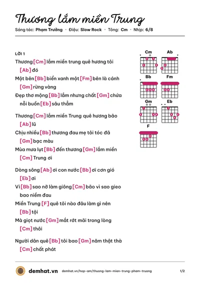 Hợp âm Thương lắm miền Trung (Phạm Trưởng) – bản nhạc PDF trang 1, tông Cm