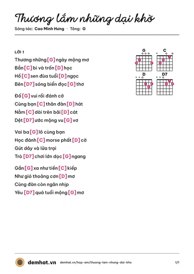 Hợp âm Thương lắm những dại khờ (Hương Giang) – bản nhạc PDF trang 1, tông G