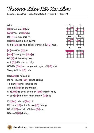 Hợp âm Thương Lắm Rồi Xa Lắm (Đăng Phú) – bản nhạc PDF trang 1, tông C