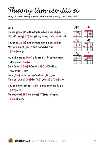 Hợp âm Thương lắm tóc dài ơi (Tấn Minh) – bản nhạc PDF trang 1, tông Dm