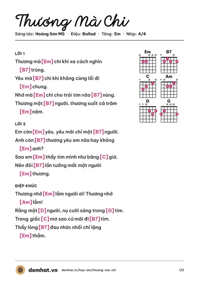 Hợp âm Thương Mà Chi (Hoàng Sơn MS) – bản nhạc PDF trang 1, tông Em