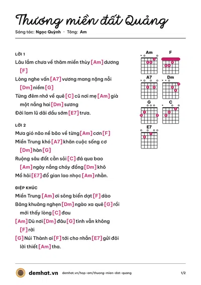 Hợp âm Thương miền đất Quảng (Lâm Hoài Phong) – bản nhạc PDF trang 1, tông Am