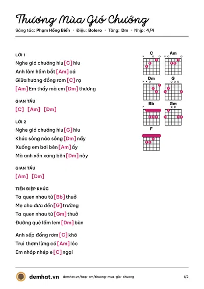 Hợp âm Thương Mùa Gió Chướng (Tố My) – bản nhạc PDF trang 1, tông Dm