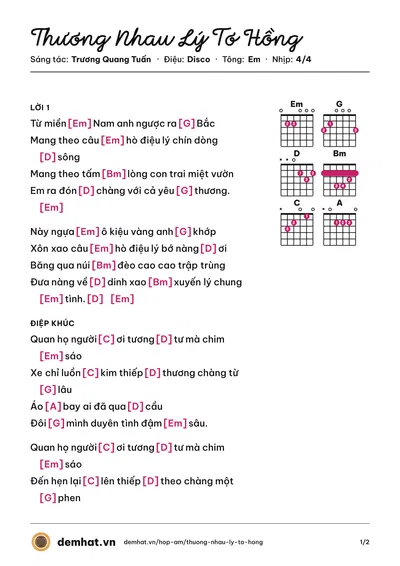 Hợp âm Thương Nhau Lý Tơ Hồng (Cẩm Ly) – bản nhạc PDF trang 1, tông Em