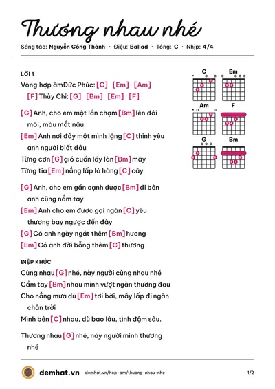 Hợp âm Thương nhau nhé (Đức Phúc) – bản nhạc PDF trang 1, tông C