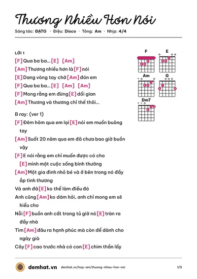 Hợp âm Thương Nhiều Hơn Nói (ĐẠTG) – bản nhạc PDF trang 1, tông Am
