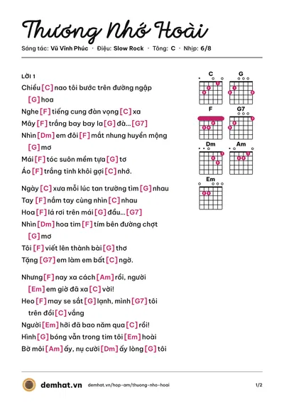 Hợp âm Thương Nhớ Hoài (Sơn Túi Đỏ) – bản nhạc PDF trang 1, tông C