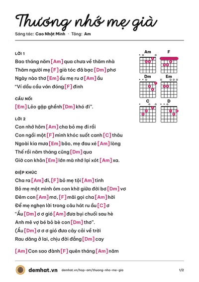 Hợp âm Thương nhớ mẹ già (Cao Nhật Minh) – bản nhạc PDF trang 1, tông Am