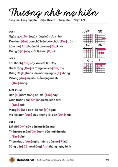 Hợp âm Thương nhớ mẹ hiền (Long Nguyên) – bản nhạc PDF trang 1, tông Dm