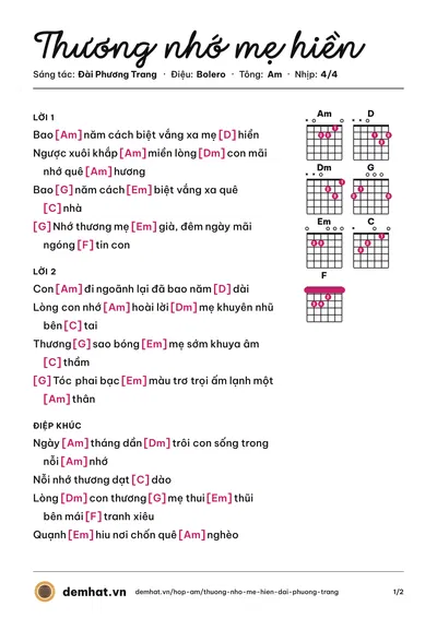 Hợp âm Thương nhớ mẹ hiền (Đài Phương Trang) – bản nhạc PDF trang 1, tông Am