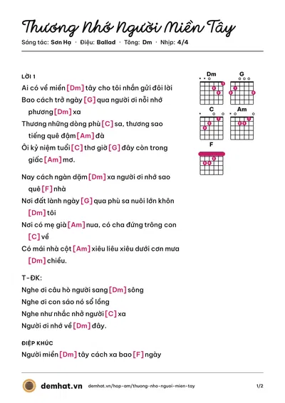 Hợp âm Thương Nhớ Người Miền Tây (Bằng Chương) – bản nhạc PDF trang 1, tông Dm